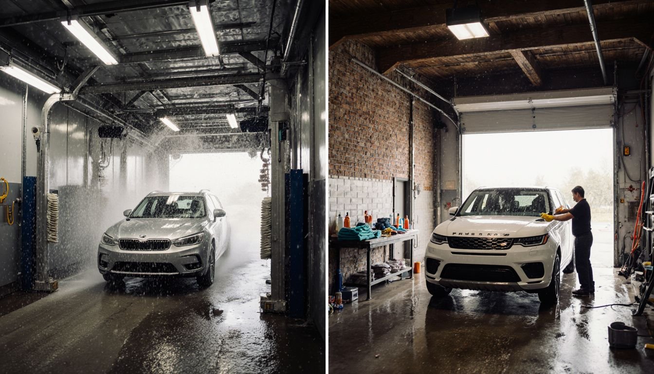 A car wash scene shows an automatic tunnel and hand washing bay. A car wash scene shows an automatic tunnel and hand washing bay.