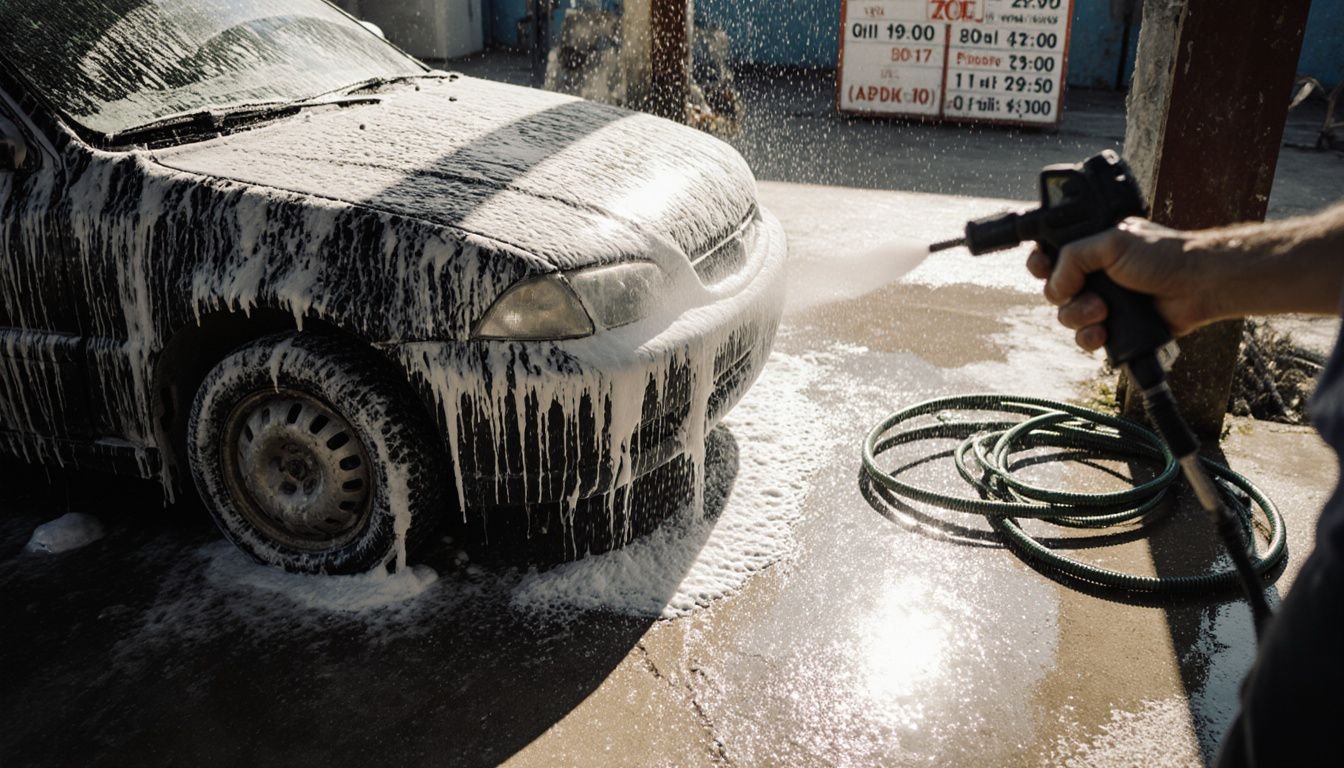 A car is being washed at a basic DIY car wash station. A car is being washed at a basic DIY car wash station.