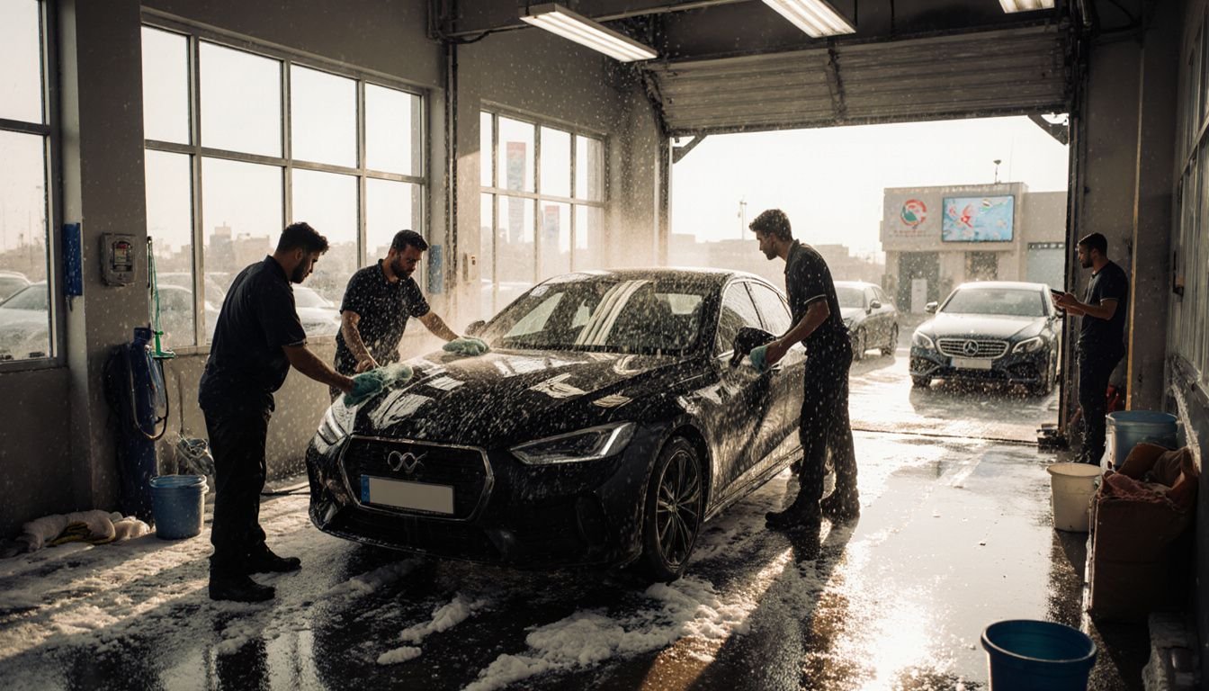 A busy car wash in Dubai with workers cleaning vehicles. A busy car wash in Dubai with workers cleaning vehicles.
