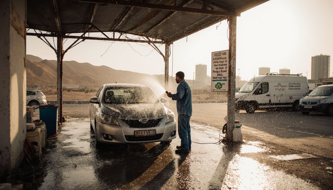 A car wash in Abu Dhabi with a worker cleaning a sedan. A car wash in Abu Dhabi with a worker cleaning a sedan.