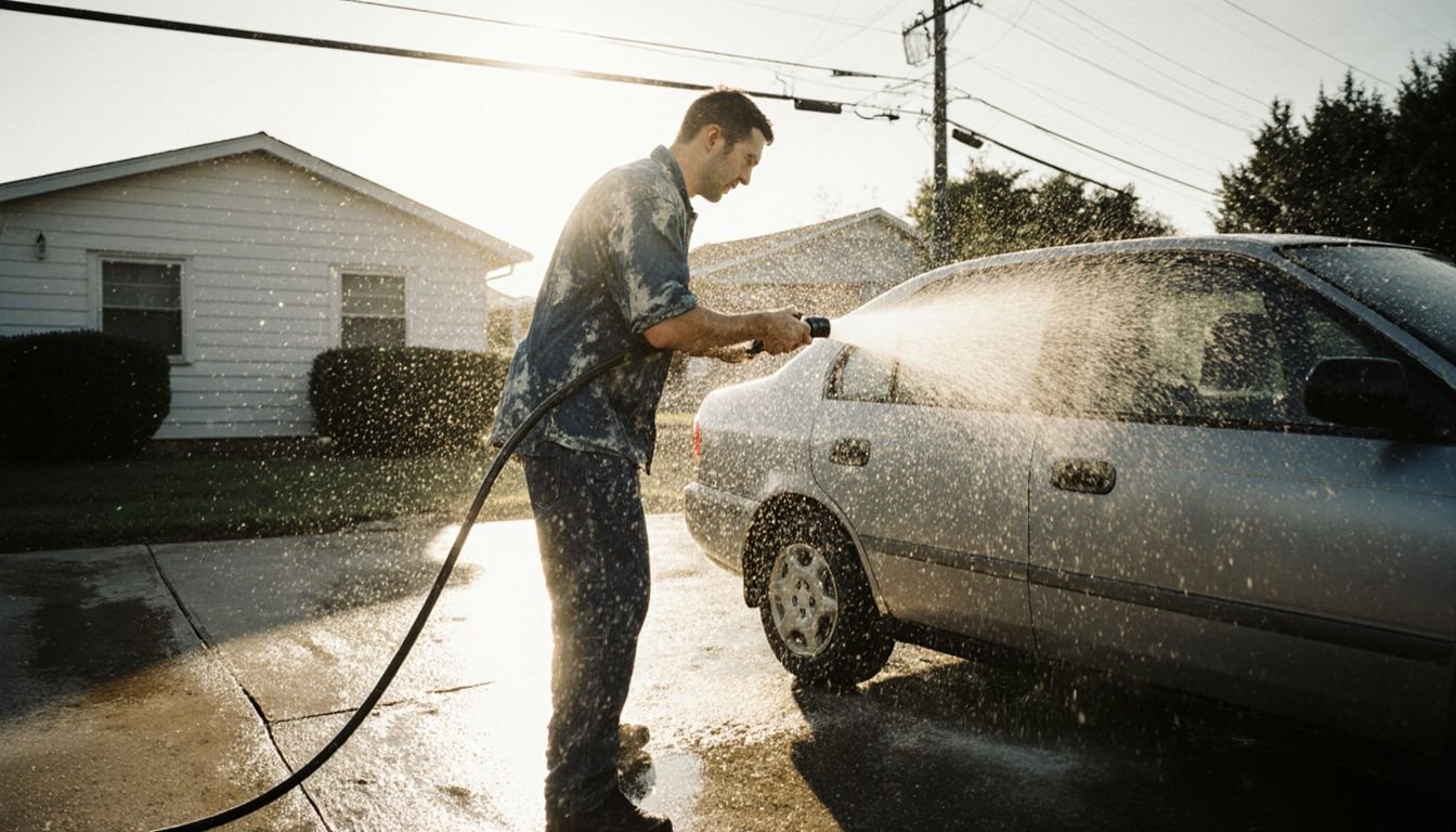 A man washes his silver sedan in a residential driveway. A man washes his silver sedan in a residential driveway.