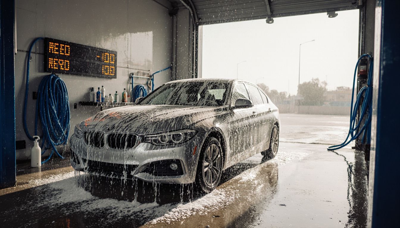 A silver car being washed at a Dubai car wash. A silver car being washed at a Dubai car wash.