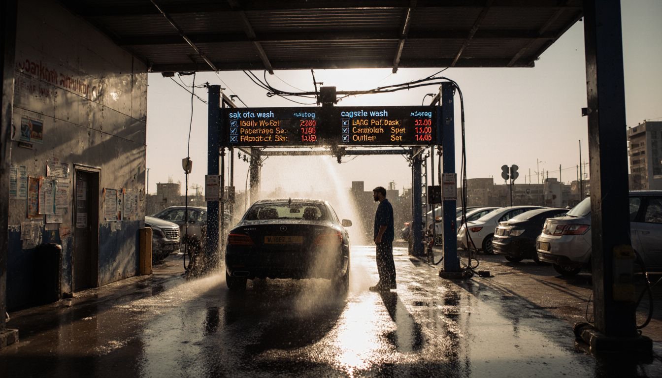 A car wash in Dubai with vehicles being cleaned and service bays.