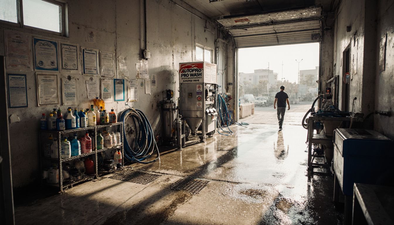A busy car wash in Dubai with industrial equipment and worn features. A busy car wash in Dubai with industrial equipment and worn features.