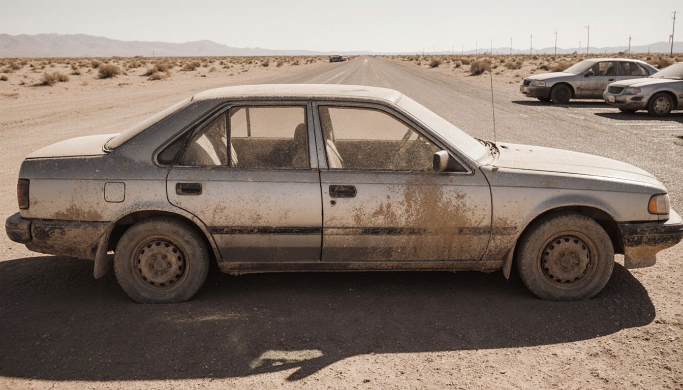 A dusty silver sedan parked in a barren, sun-baked lot. A dusty silver sedan parked in a barren, sun-baked lot.
