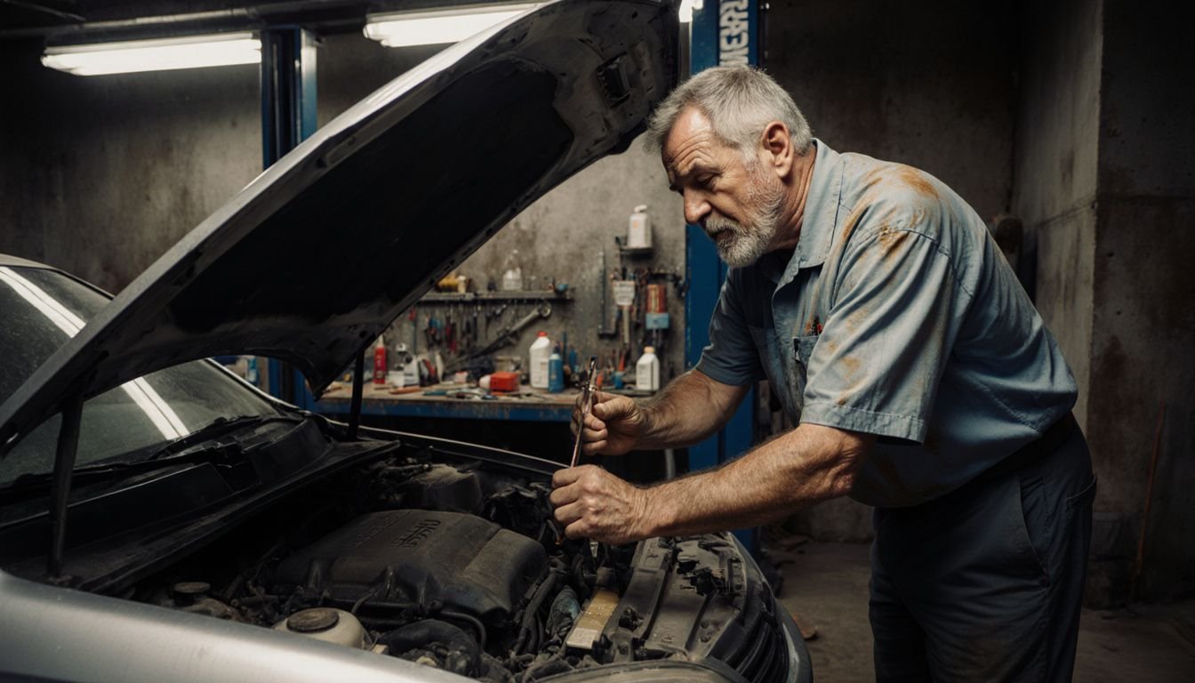 A man checks oil in a Toyota in a cluttered garage. A man checks oil in a Toyota in a cluttered garage.