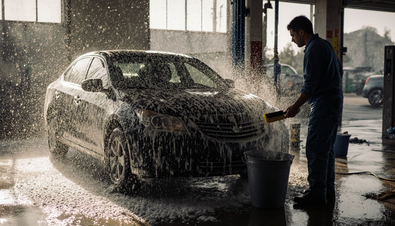 A car wash features automated cleaning alongside a manual hand wash.