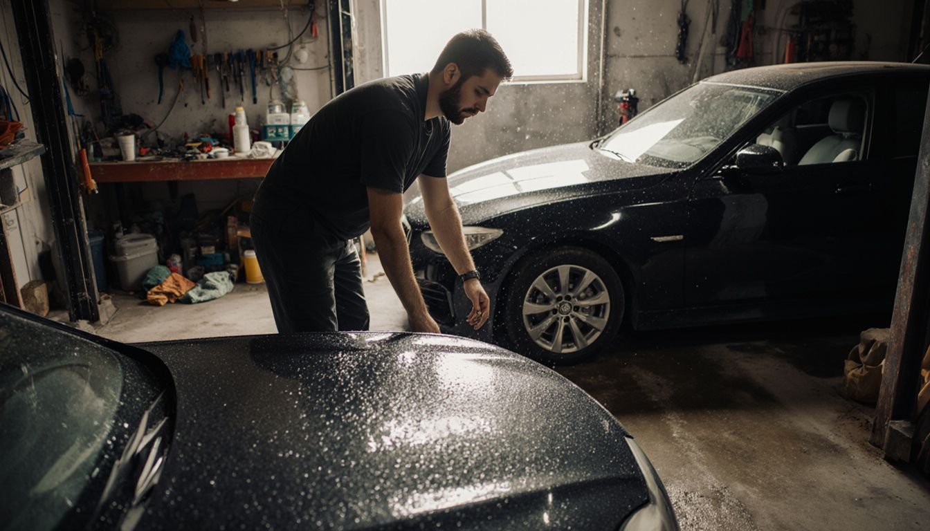 A man compares car hoods with ceramic coating and wax finishes. A man compares car hoods with ceramic coating and wax finishes.