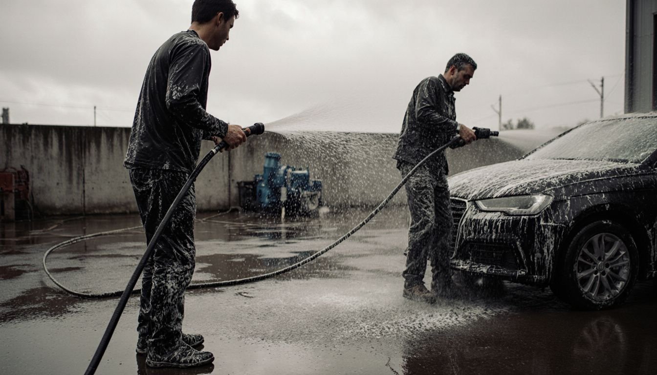 Two guys wash cars, creating a messy and wet scene. Two guys wash cars, creating a messy and wet scene.