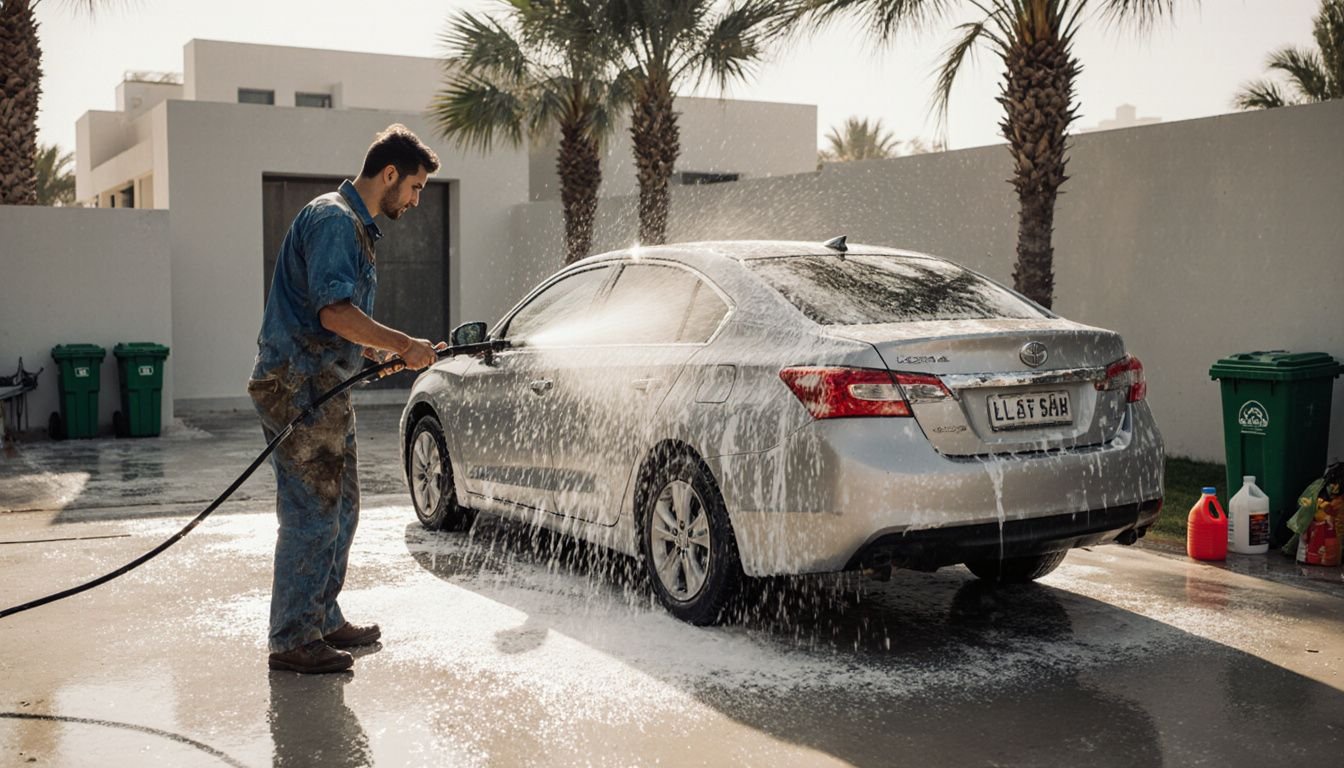 A man washes his silver sedan in his Abu Dhabi driveway. A man washes his silver sedan in his Abu Dhabi driveway.