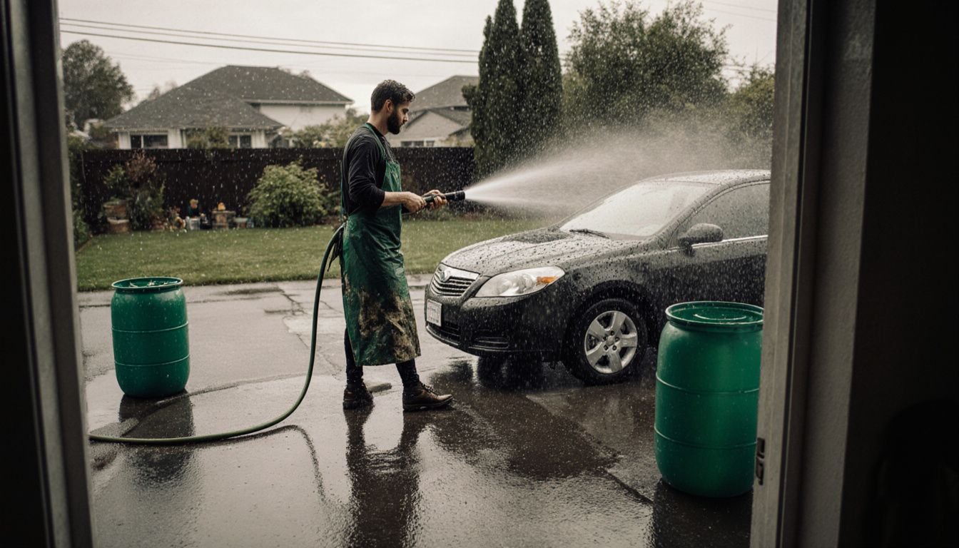 A man in an apron washes his car on a cloudy day. A man in an apron washes his car on a cloudy day.