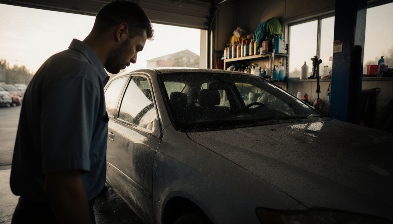 A worker inspects a sedan in a cluttered car wash garage.