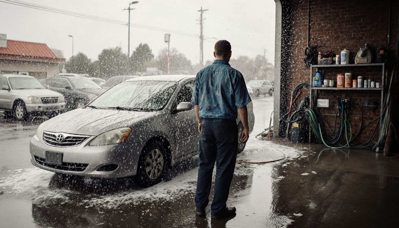 A worker cleans a silver sedan at a bustling car wash. A worker cleans a silver sedan at a bustling car wash.