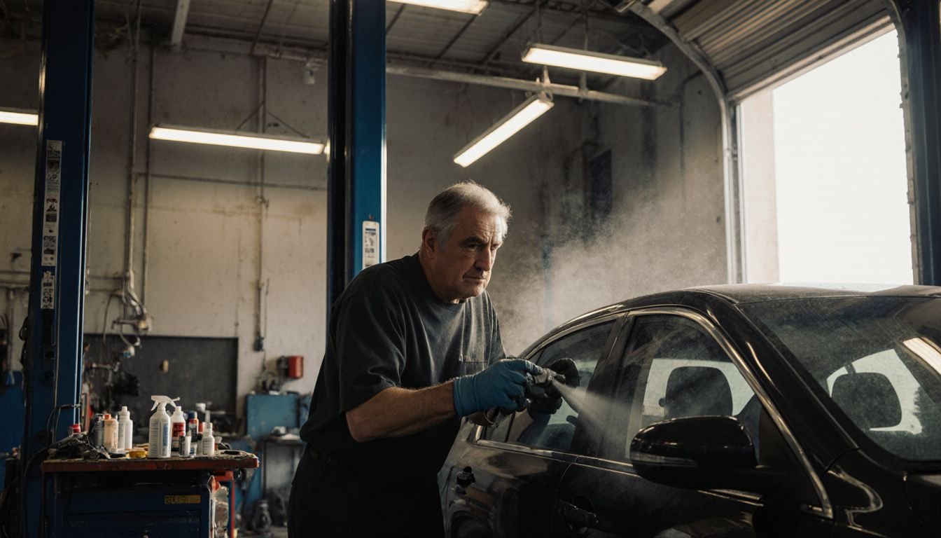 A middle-aged man applying window tint in a service garage.