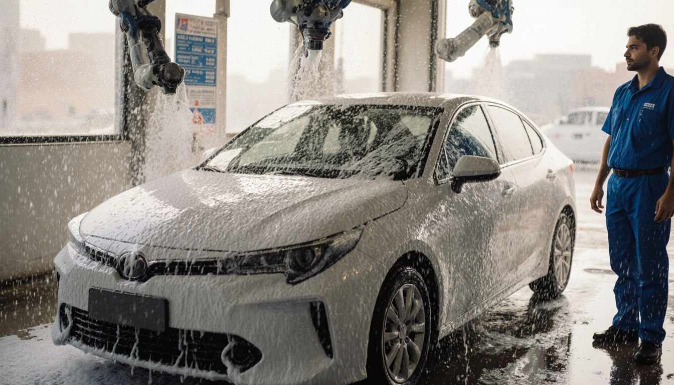 A white sedan is being washed at a car wash near Dubai Mall. A white sedan is being washed at a car wash near Dubai Mall.