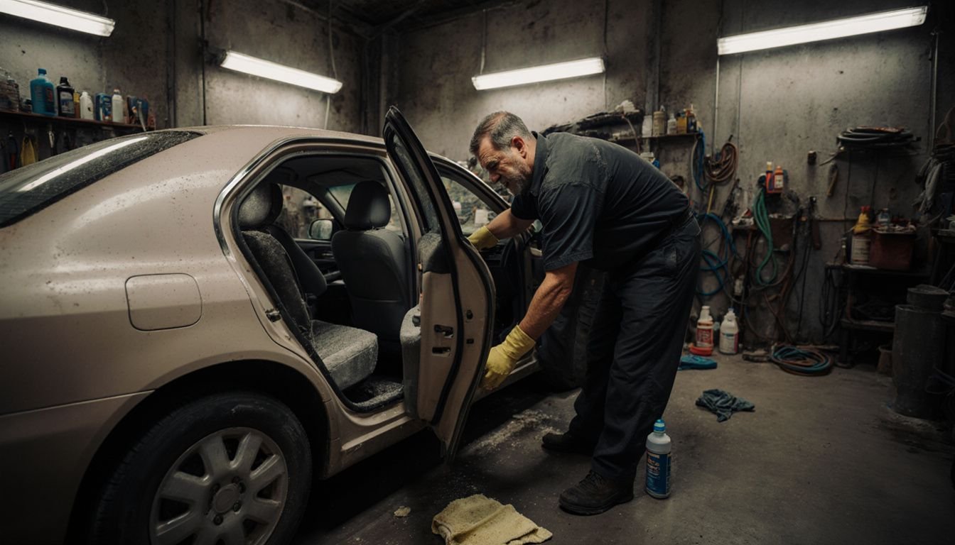 A man vacuums a sedan in a cluttered garage workshop. A man vacuums a sedan in a cluttered garage workshop.