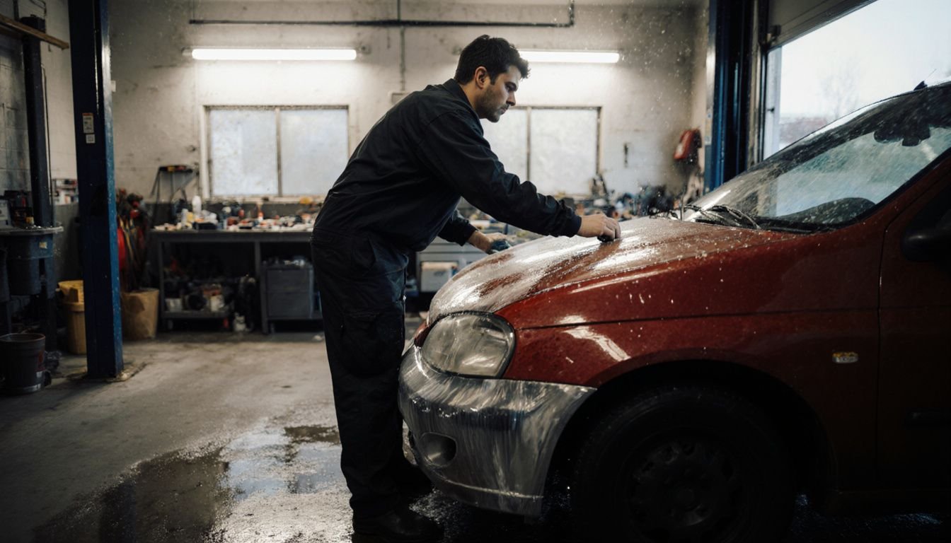 A worker applies protective film to a red car in a garage. A worker applies protective film to a red car in a garage.