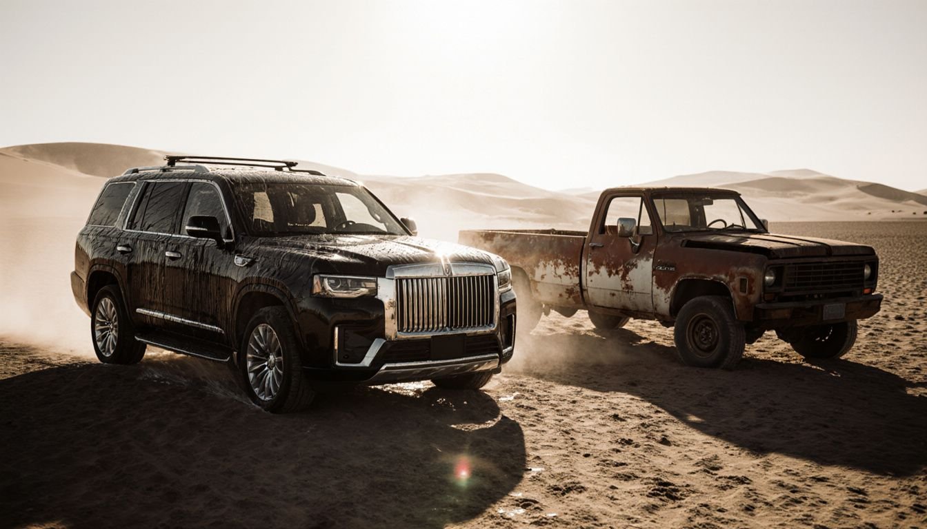 A clean SUV parked next to a dusty old truck in the desert.